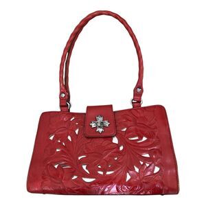 PATRICIA NASH Rosina Silver Cutout Tooled Papaya Red 100% Leather Satchel Bag